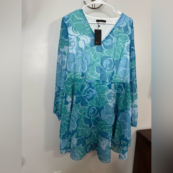 Seta T Women's V Neck Floral Long Sleeve Chiffon Ruffle Mini Dress Green Large - Picture 2 of 7